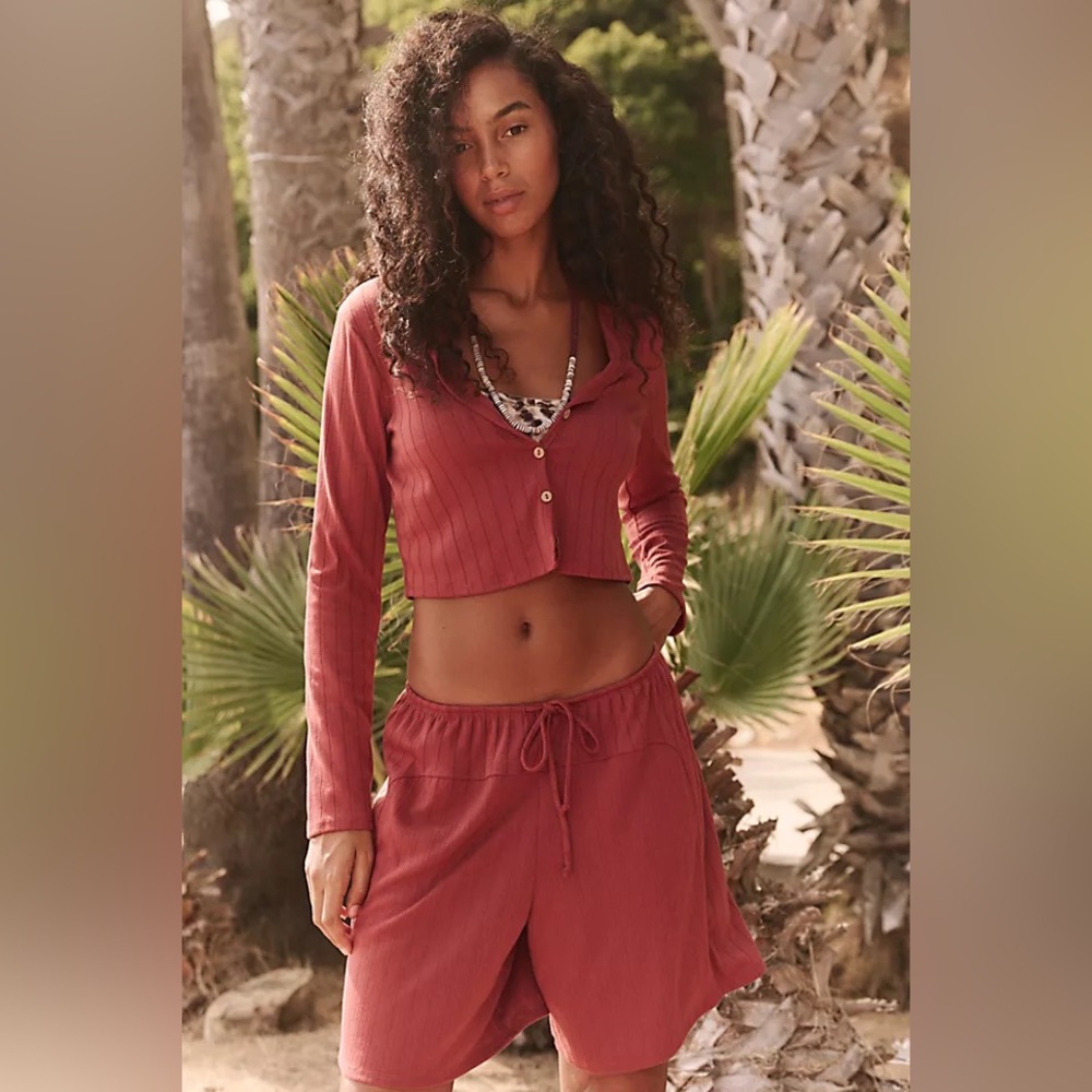 New Free People Monica Short & Cardigan Set-Brown